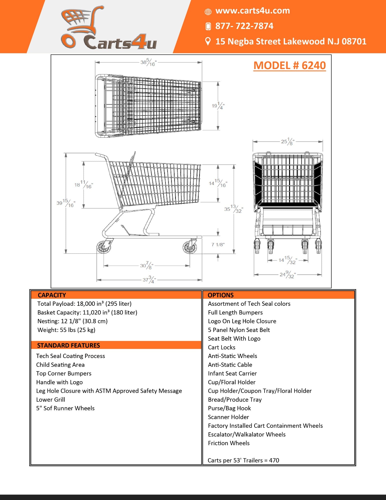Technibilt Large Metal Grocery Shopping Cart Model #6240