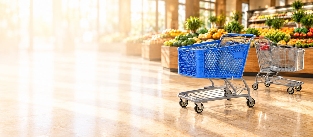 Commercial metal and plastic shopping carts in a grocery store