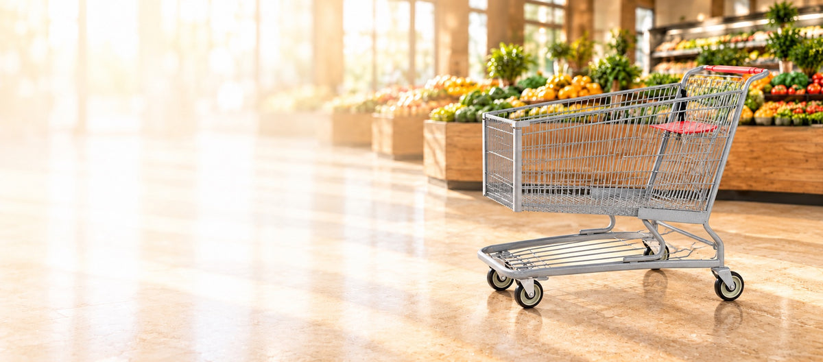 Commercial metal wire shopping cart in a grocery store